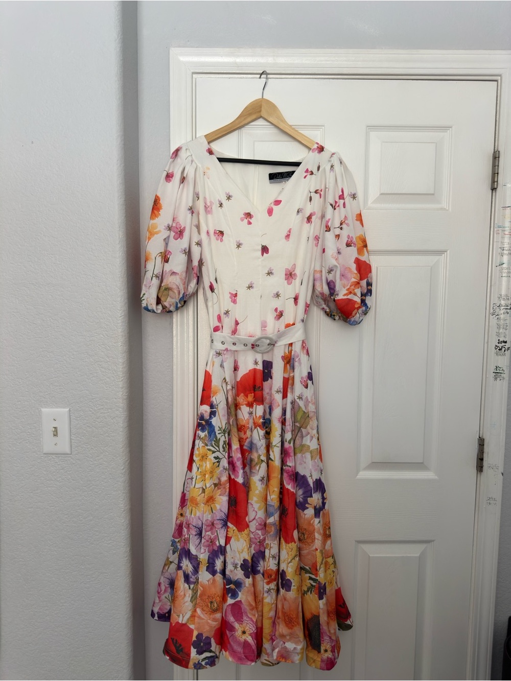Floral Puff-Sleeve Midi Dress in White with Multicolor Print